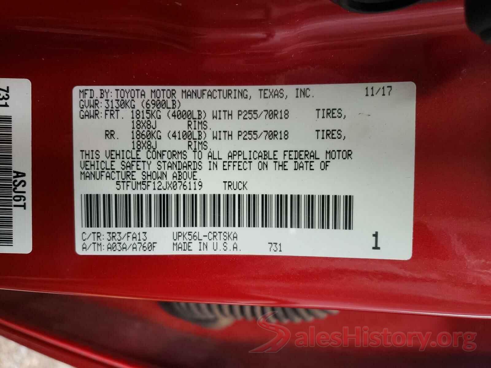 5TFUM5F12JX076119 2018 TOYOTA TUNDRA