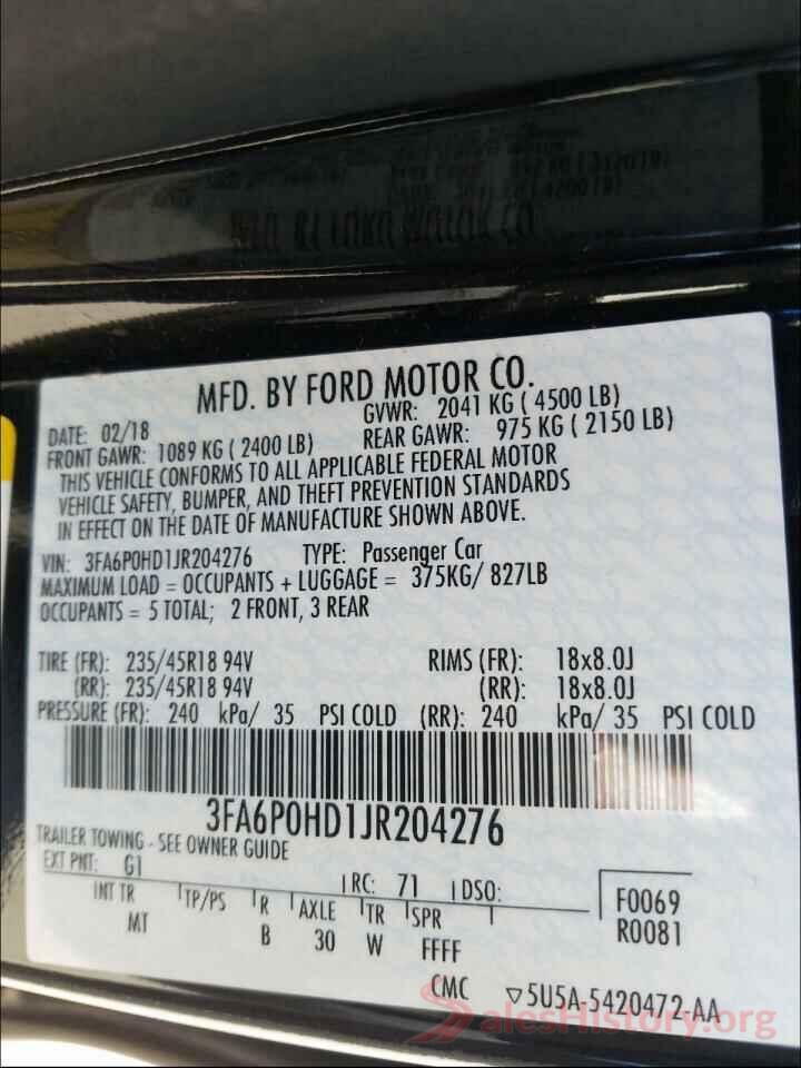 3FA6P0HD1JR204276 2018 FORD FUSION