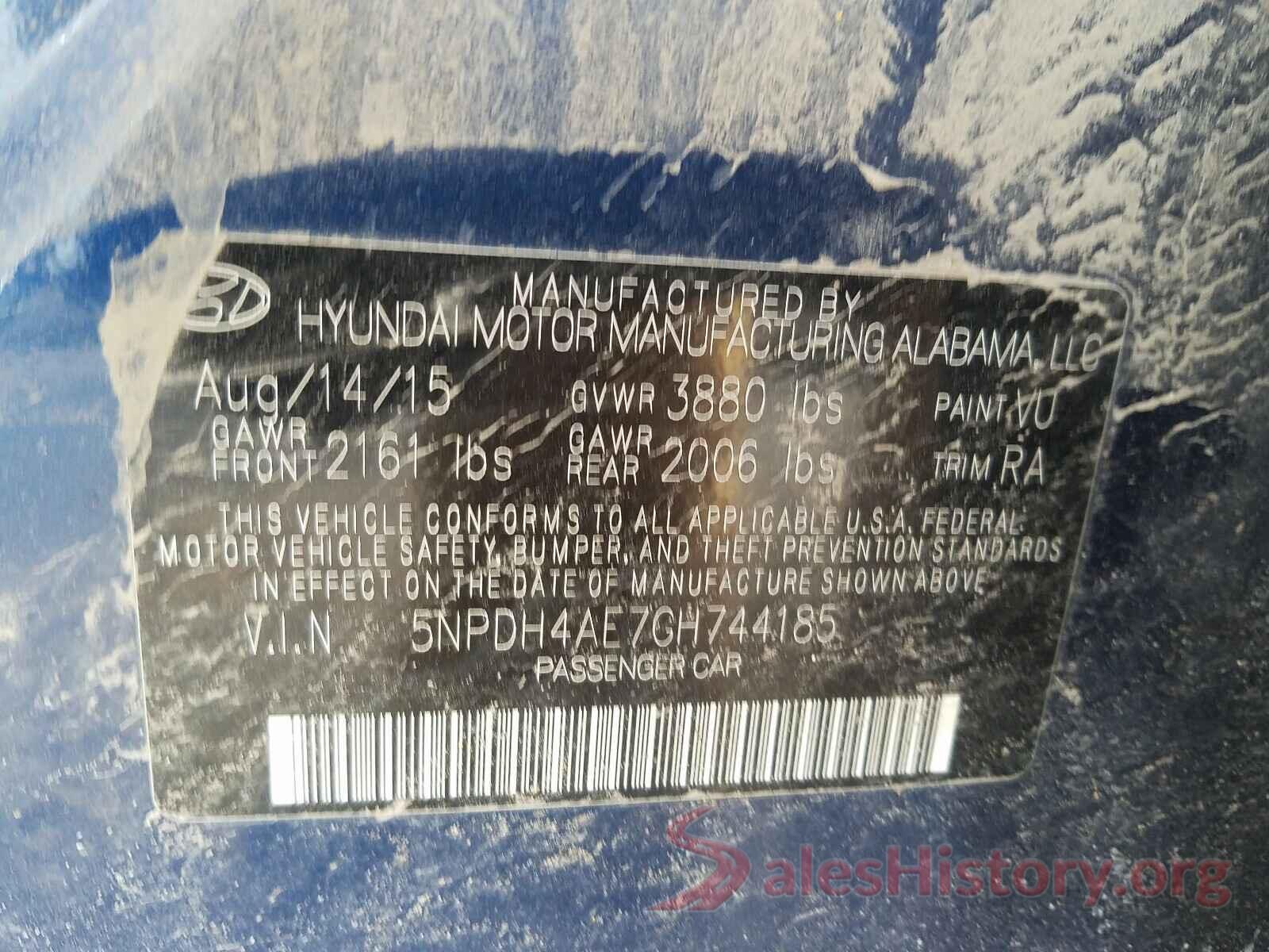 5NPDH4AE7GH744185 2016 HYUNDAI ELANTRA