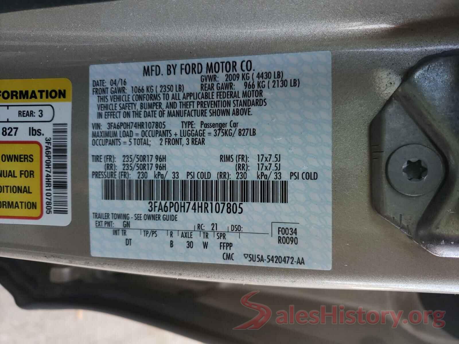 3FA6P0H74HR107805 2017 FORD FUSION