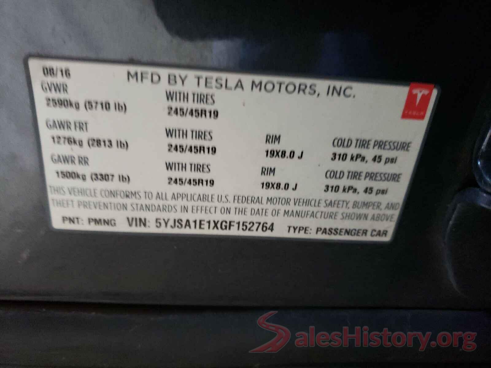 5YJSA1E1XGF152764 2016 TESLA MODEL S