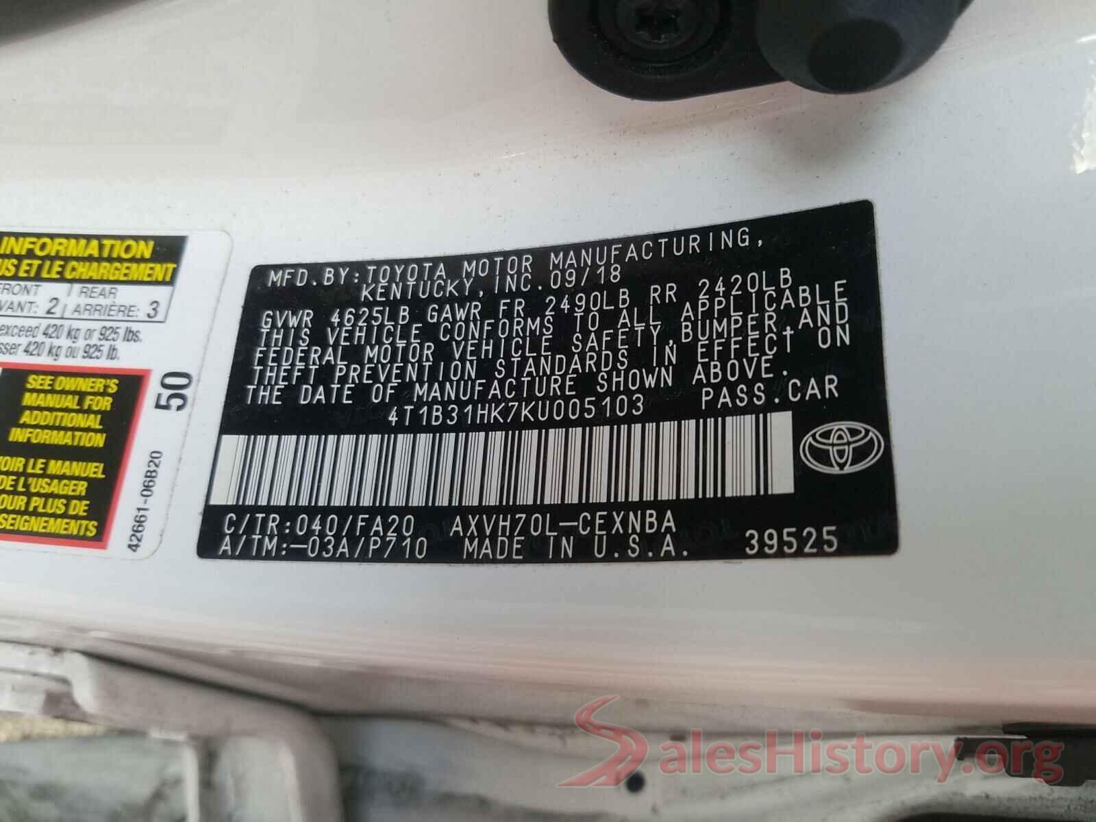 4T1B31HK7KU005103 2019 TOYOTA CAMRY