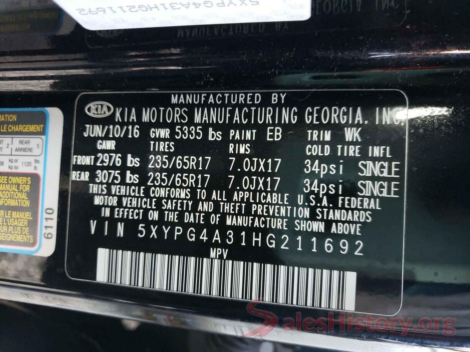 5XYPG4A31HG211692 2017 KIA SORENTO