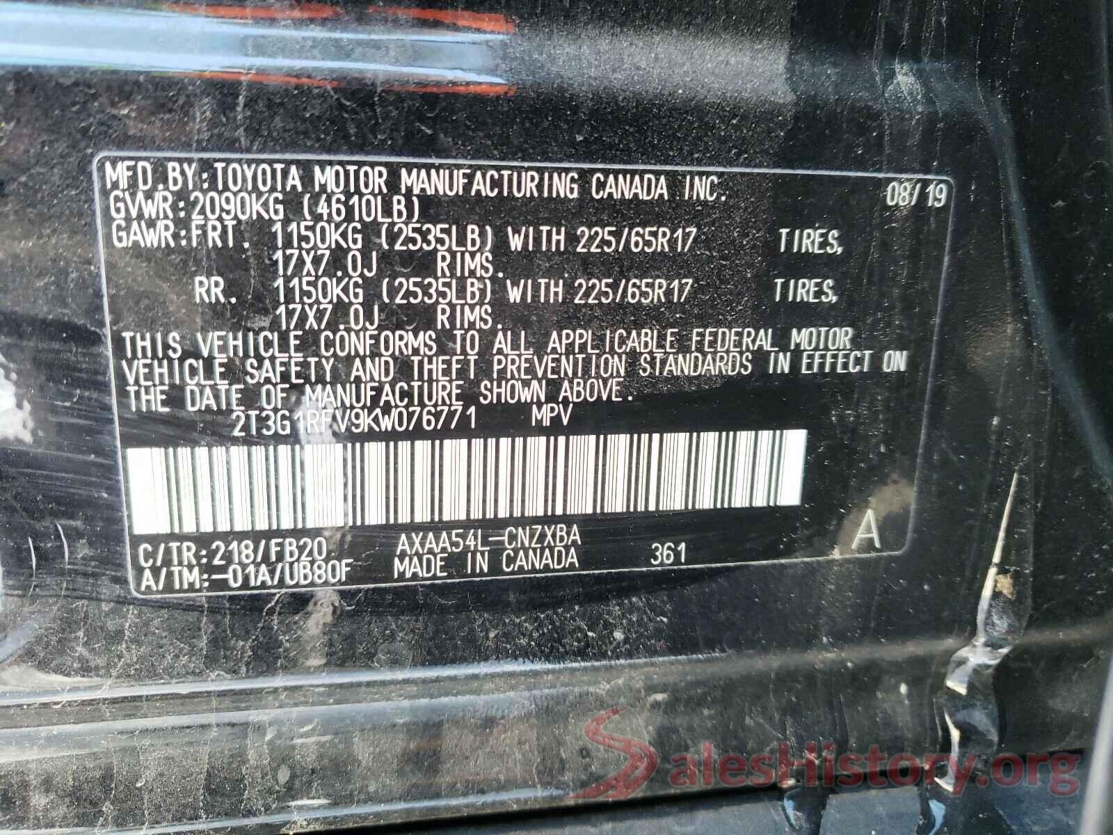 2T3G1RFV9KW076771 2019 TOYOTA RAV4