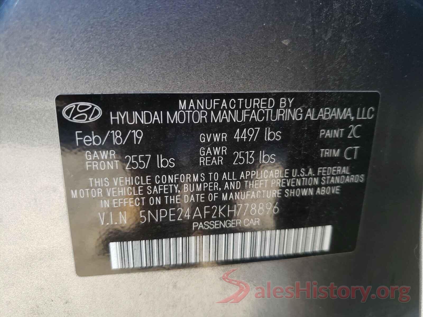 5NPE24AF2KH778896 2019 HYUNDAI SONATA