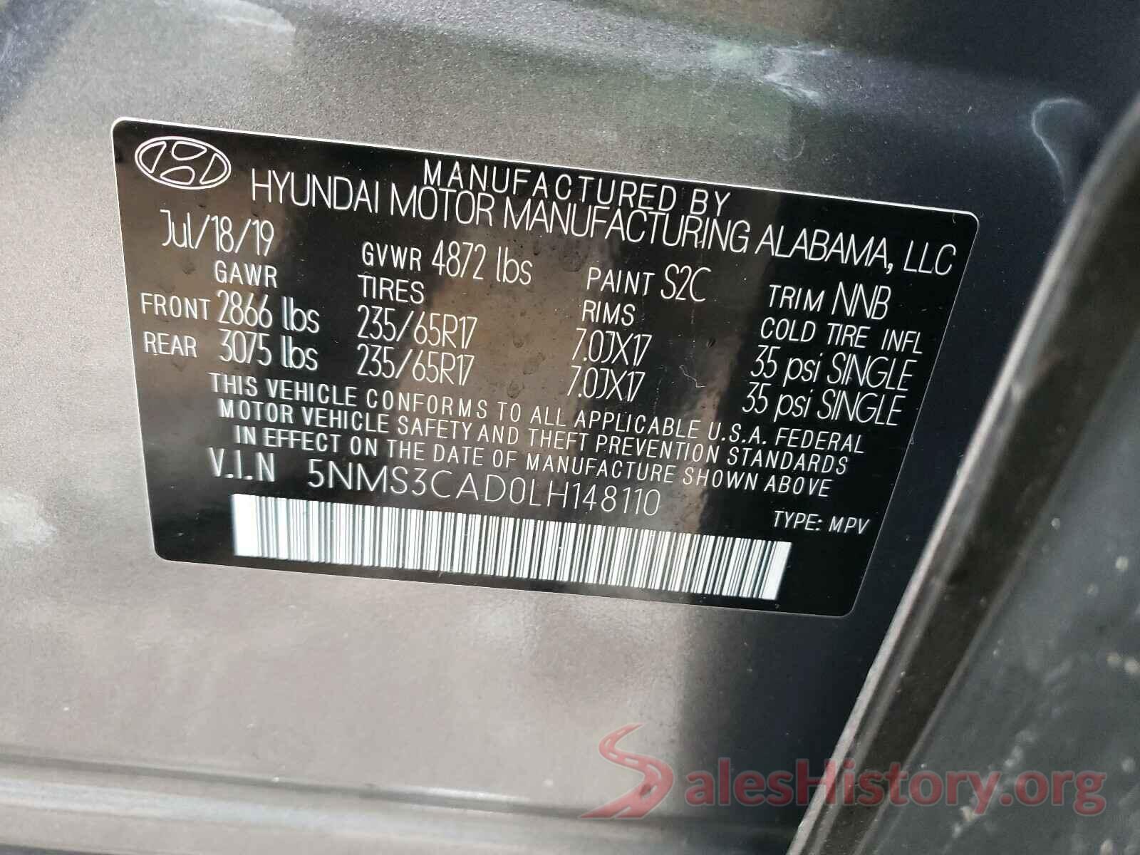 5NMS3CAD0LH148110 2020 HYUNDAI SANTA FE