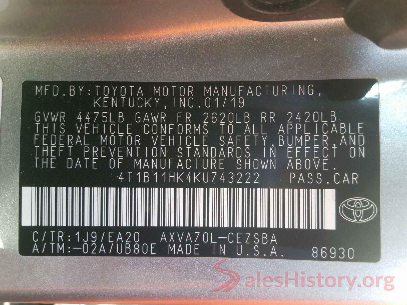 4T1B11HK4KU743222 2019 TOYOTA CAMRY