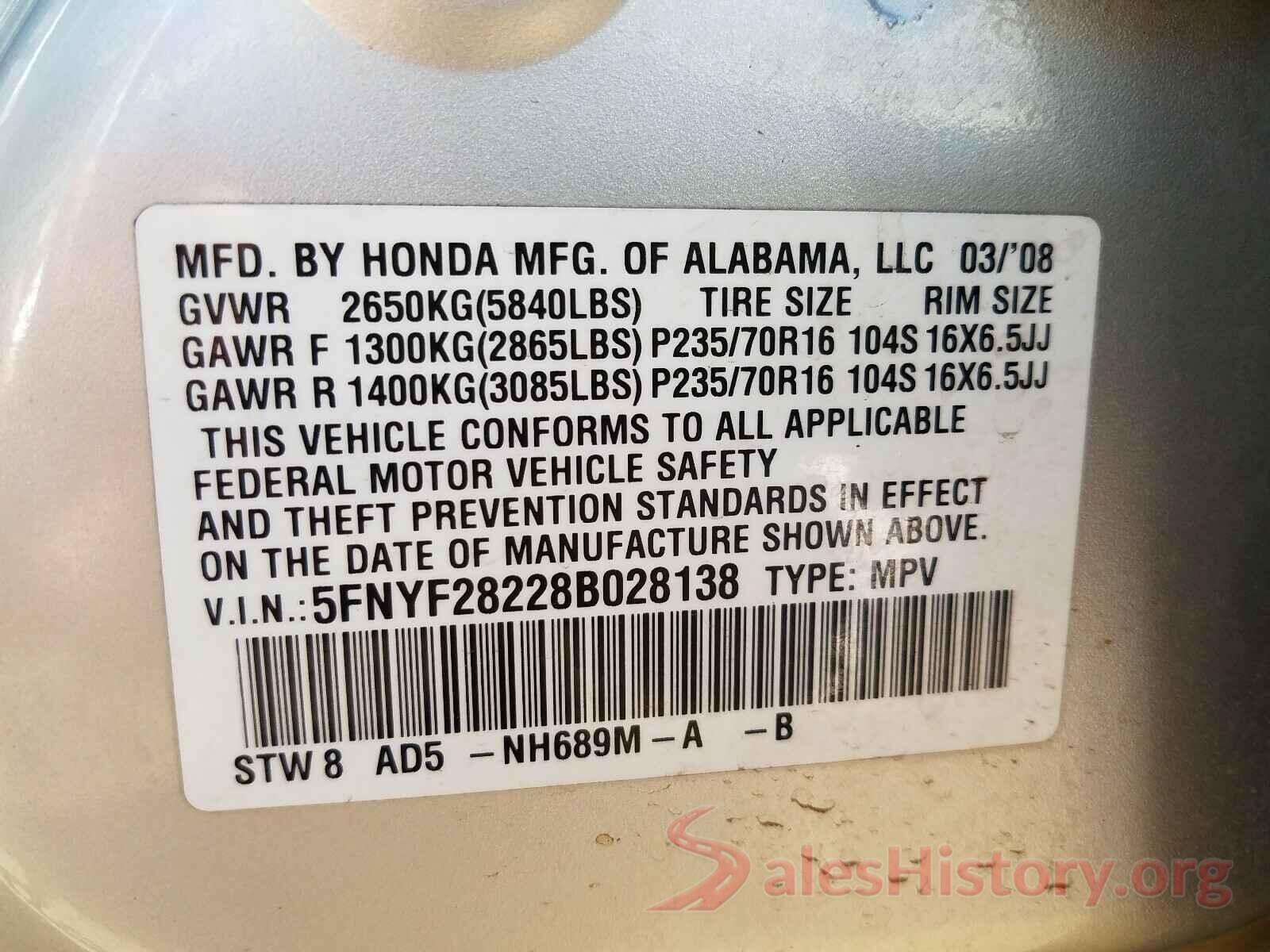 1C4BJWFG7HL523233 2008 HONDA PILOT