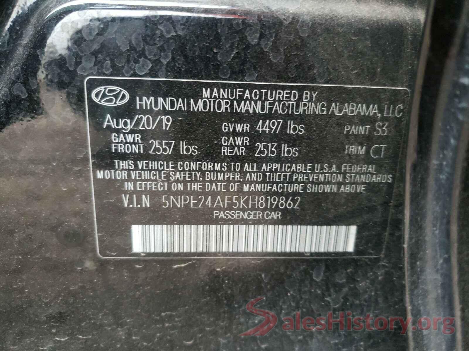 5NPE24AF5KH819862 2019 HYUNDAI SONATA