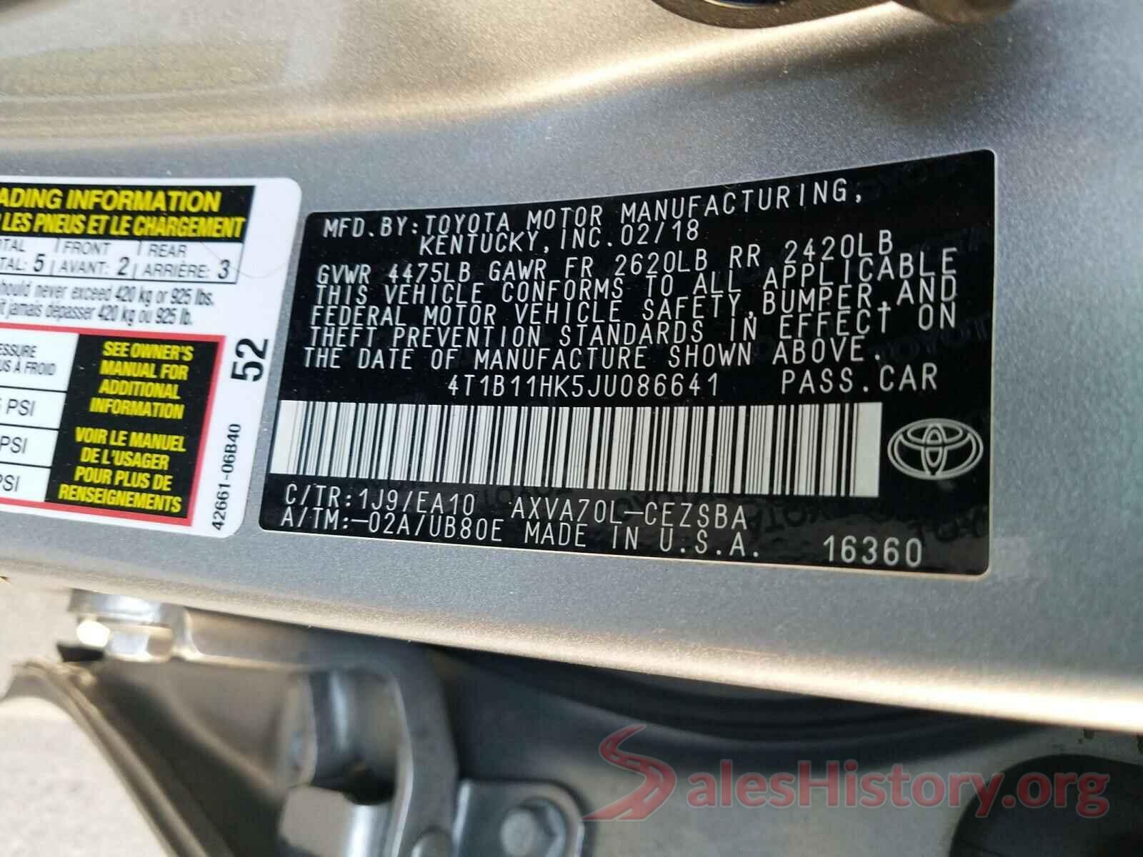 4T1B11HK5JU086641 2018 TOYOTA CAMRY