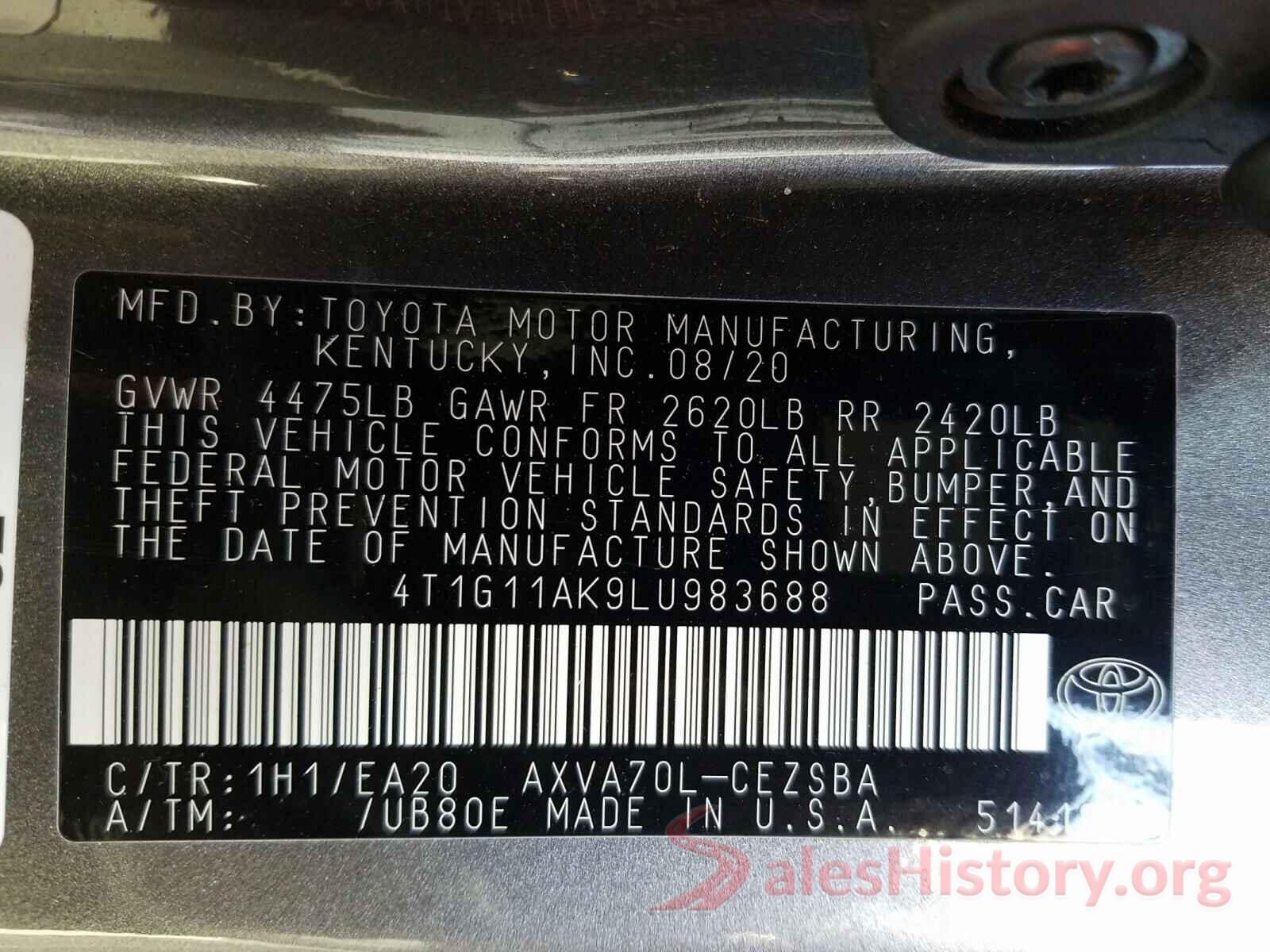 4T1G11AK9LU983688 2020 TOYOTA CAMRY