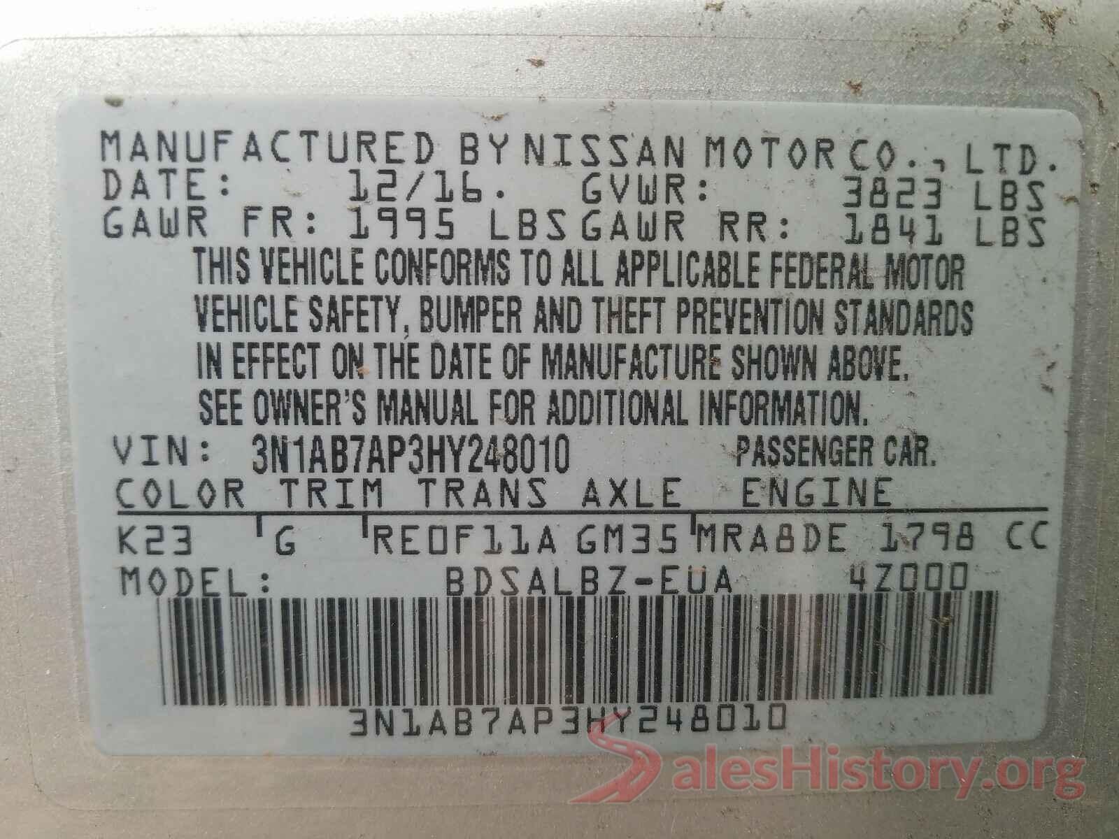 3N1AB7AP3HY248010 2017 NISSAN SENTRA