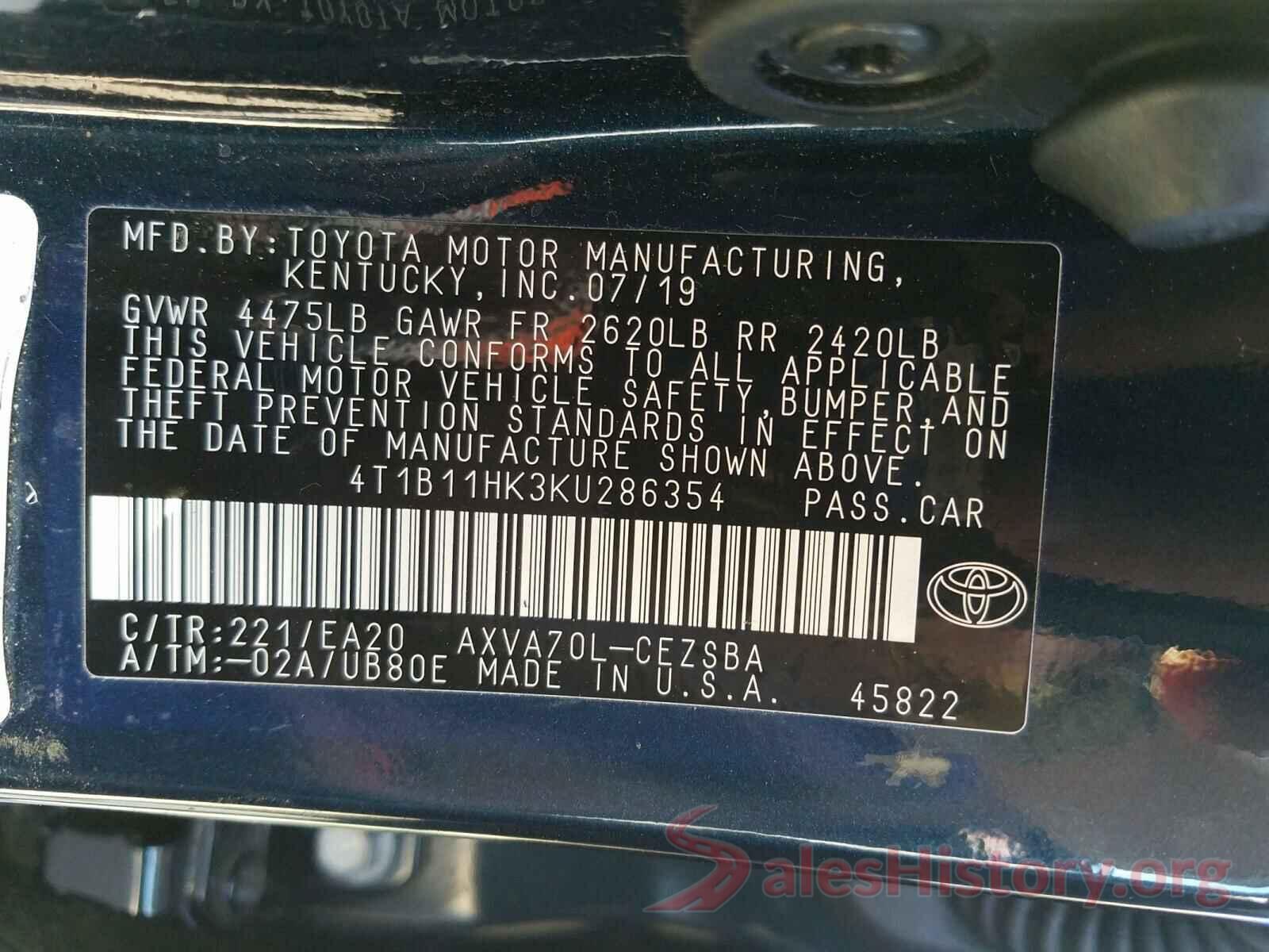 4T1B11HK3KU286354 2019 TOYOTA CAMRY