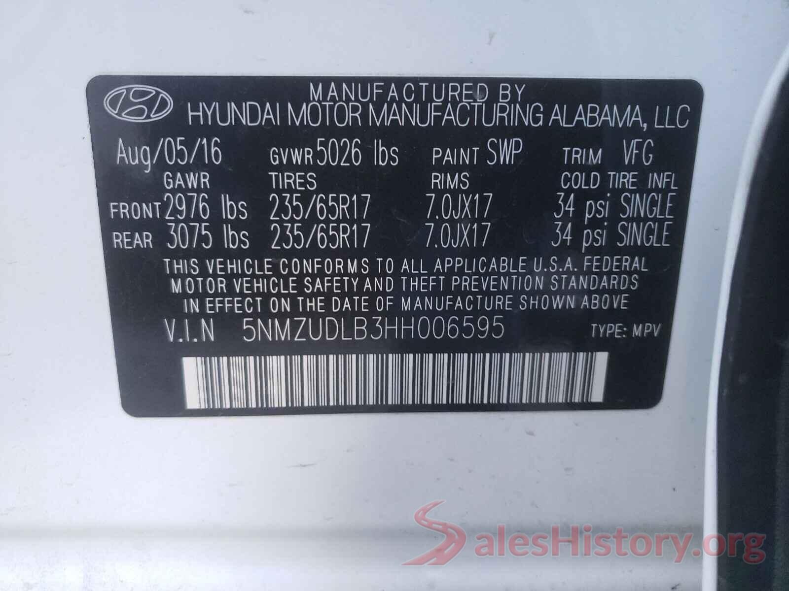 5NMZUDLB3HH006595 2017 HYUNDAI SANTA FE