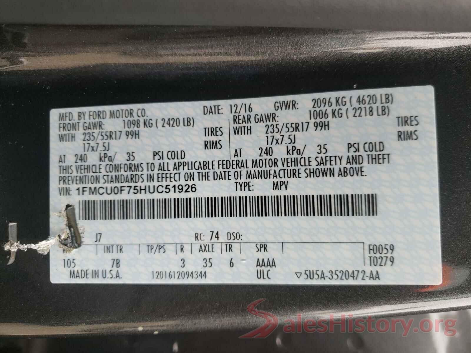 1FMCU0F75HUC51926 2017 FORD ESCAPE