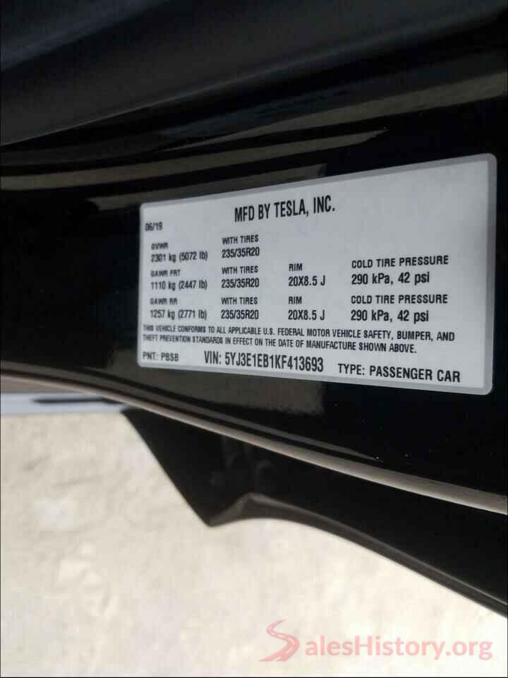 5YJ3E1EB1KF413693 2019 TESLA MODEL 3