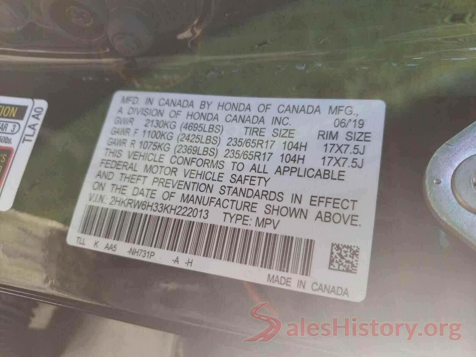 2HKRW6H33KH222013 2019 HONDA CRV