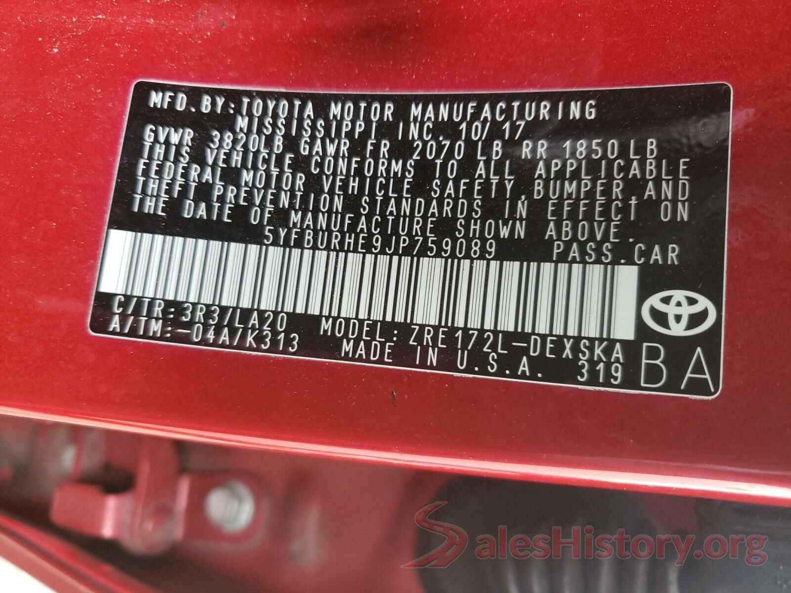 5YFBURHE9JP759089 2018 TOYOTA COROLLA