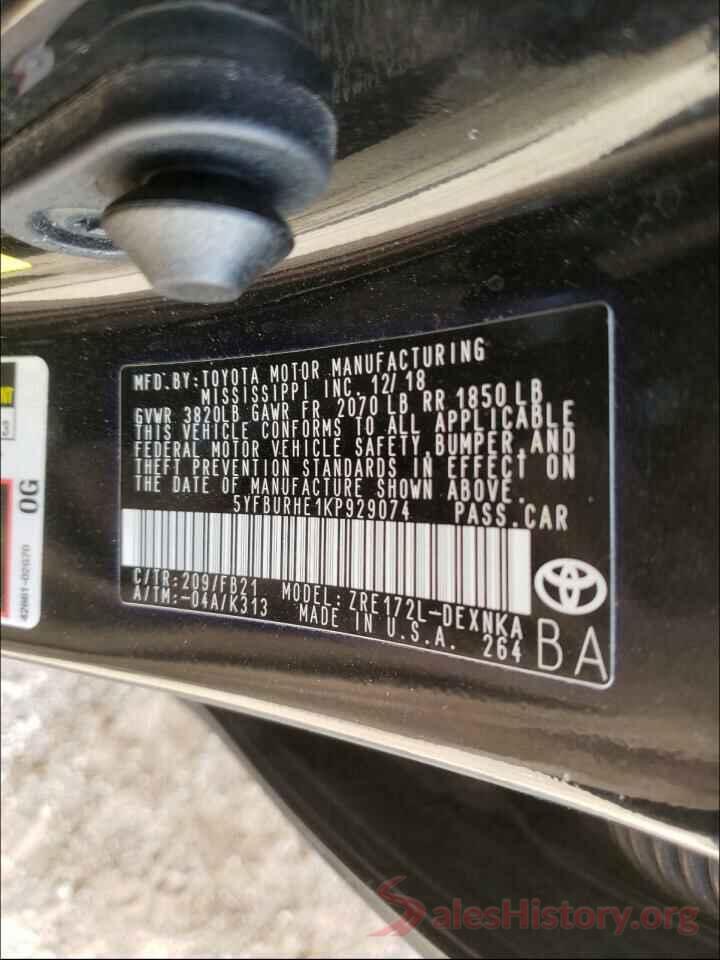 5YFBURHE1KP929074 2019 TOYOTA COROLLA