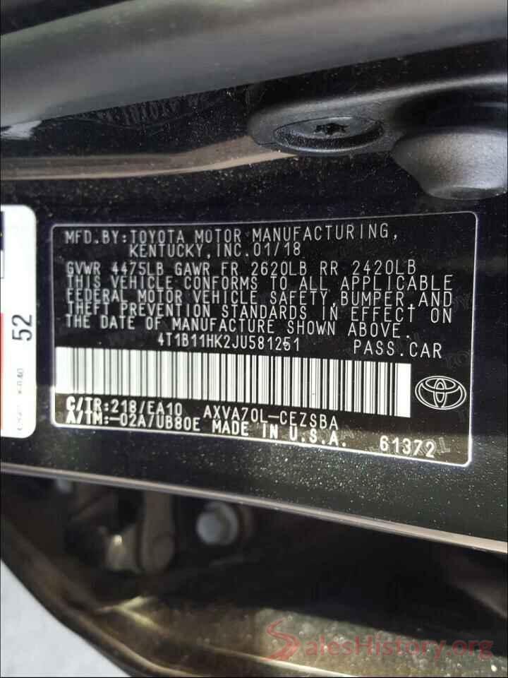 4T1B11HK2JU581251 2018 TOYOTA CAMRY