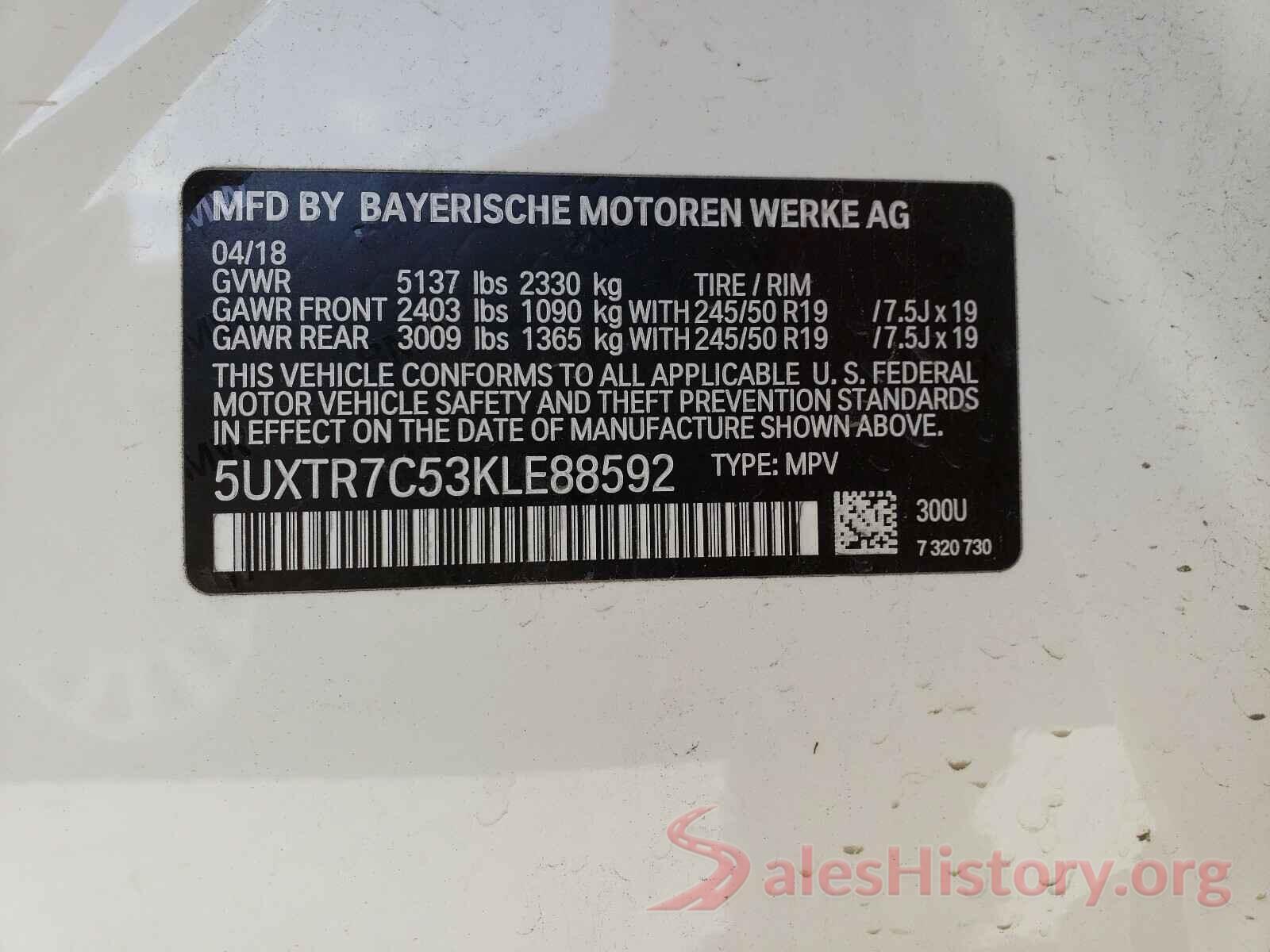 5UXTR7C53KLE88592 2019 BMW X3