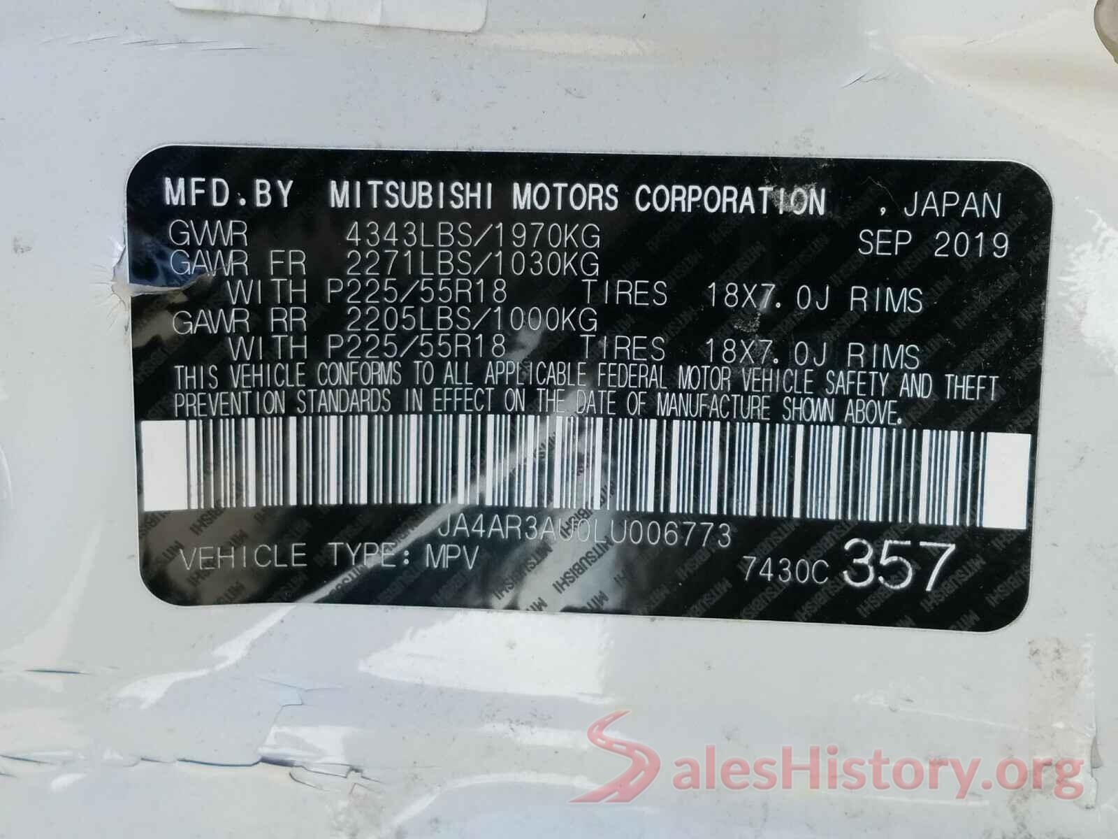 JA4AR3AU0LU006773 2020 MITSUBISHI OUTLANDER