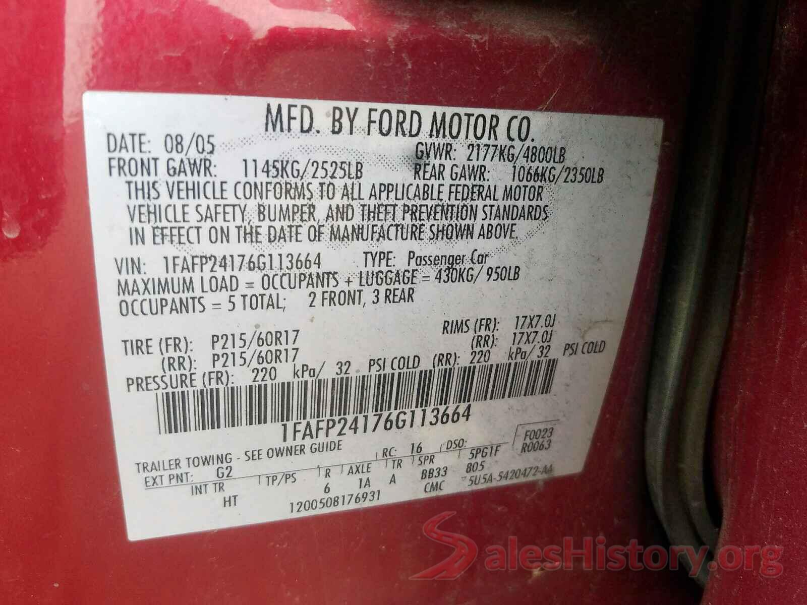 2HGFC1F36HH631109 2006 FORD FIVE HUNDR