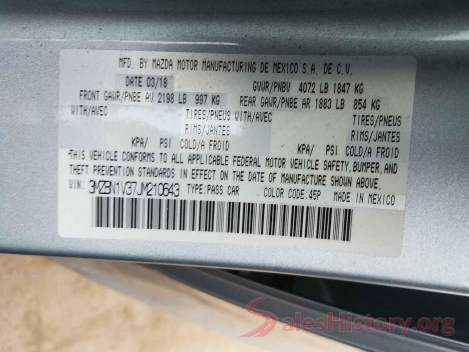 3MZBN1V37JM210643 2018 MAZDA 3