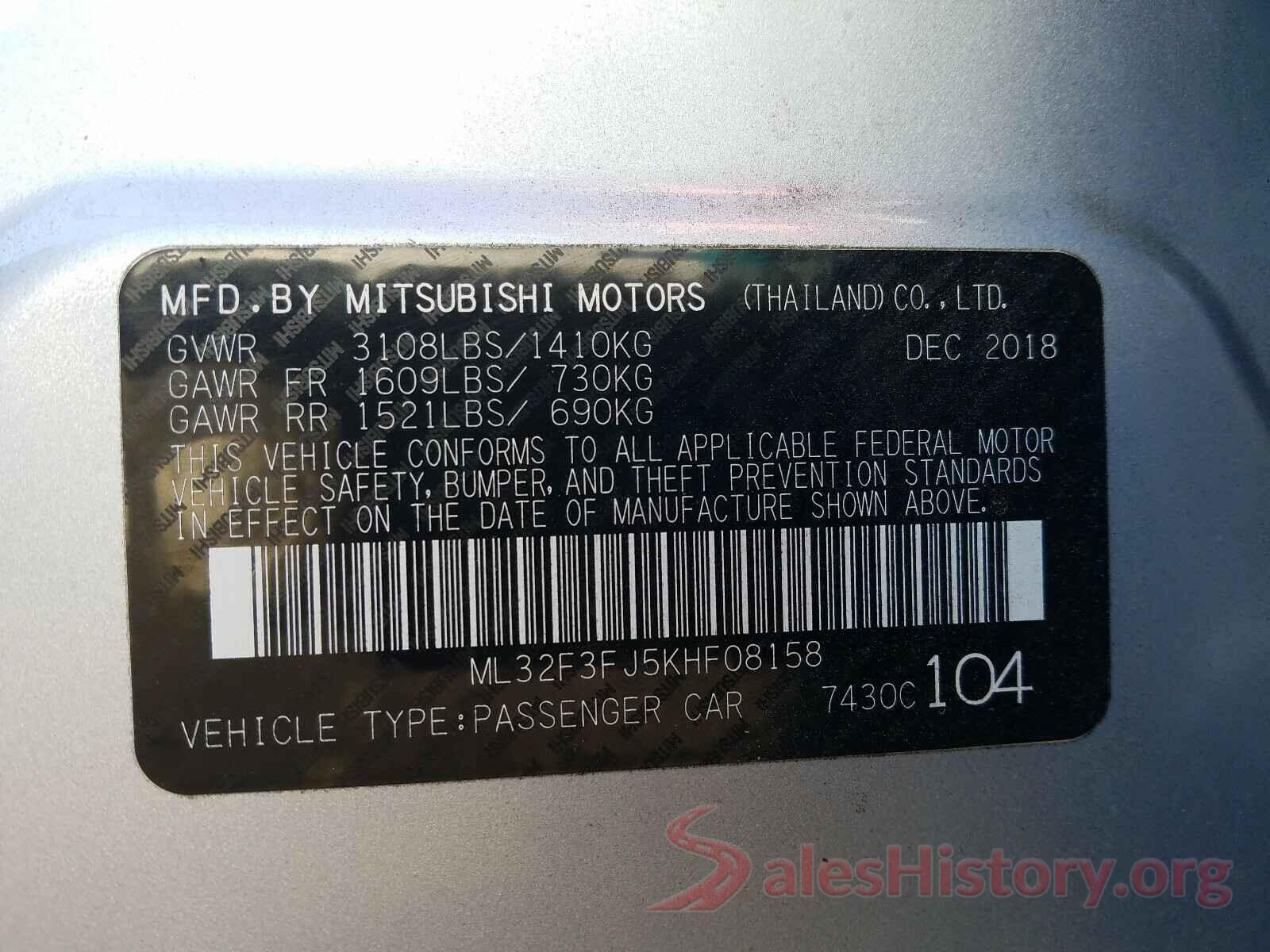 ML32F3FJ5KHF08158 2019 MITSUBISHI MIRAGE