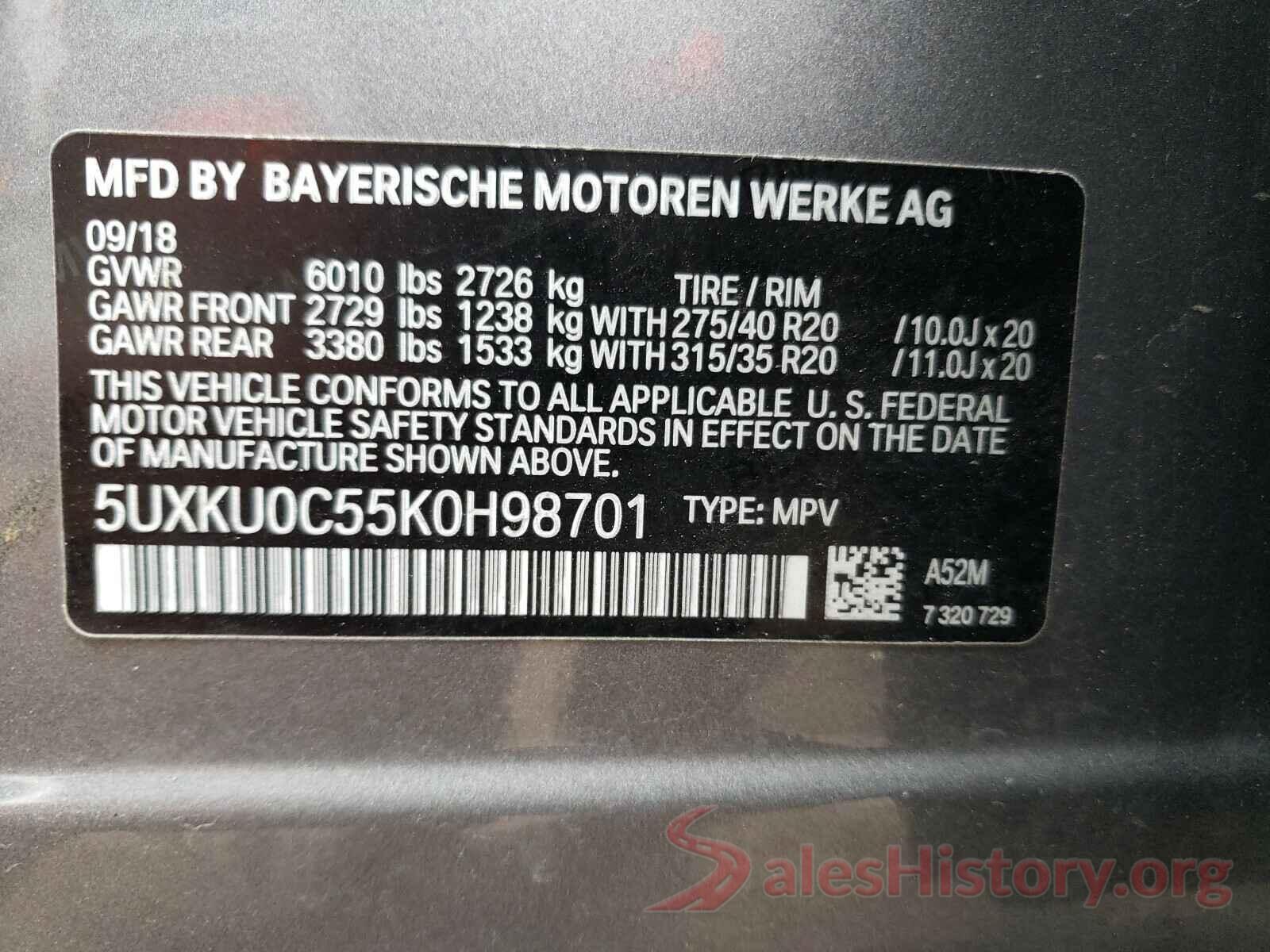 5UXKU0C55K0H98701 2019 BMW X6