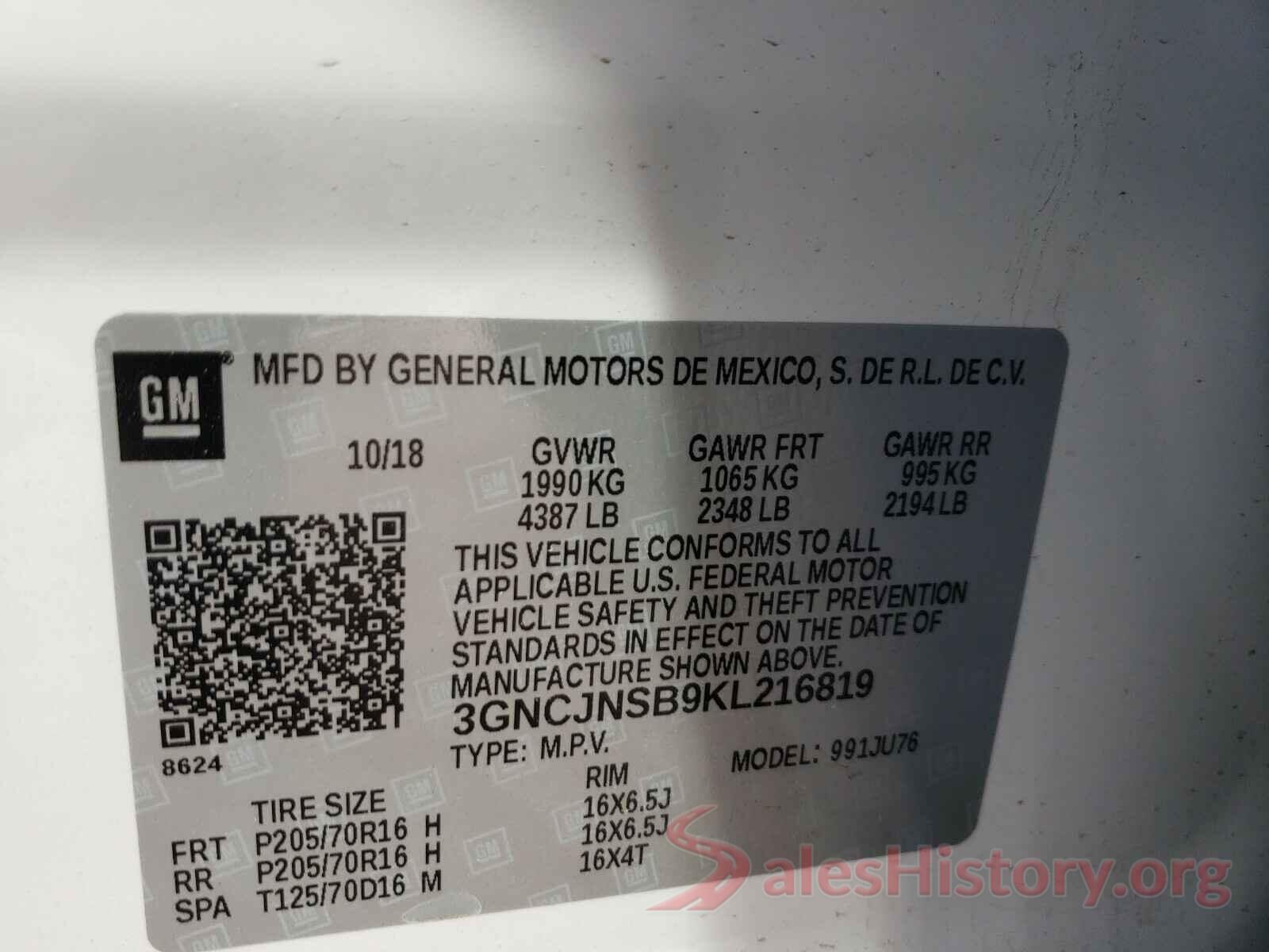 3GNCJNSB9KL216819 2019 CHEVROLET TRAX