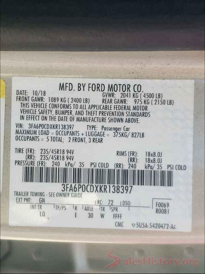 3FA6P0CDXKR138397 2019 FORD FUSION