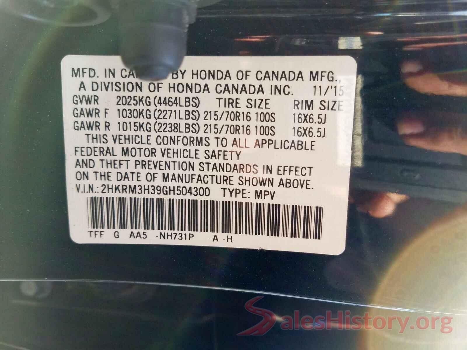 2HKRM3H39GH504300 2016 HONDA CRV