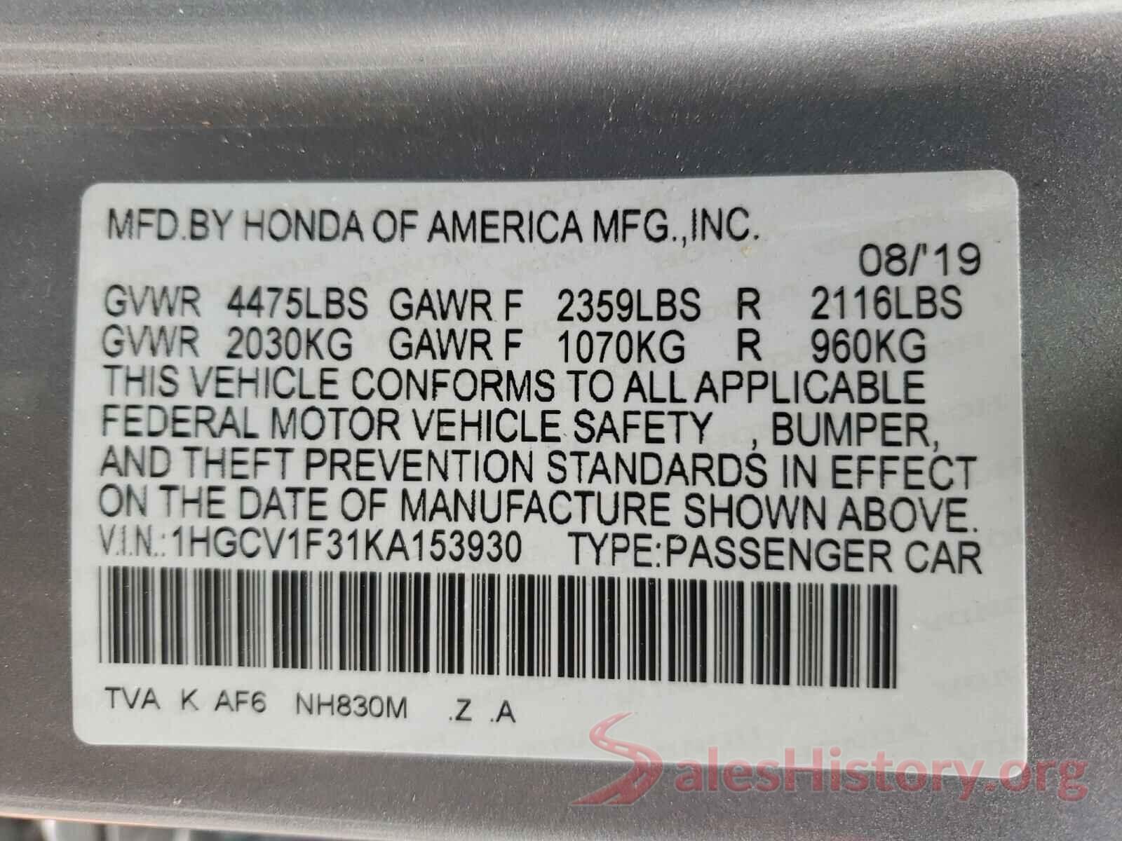 1HGCV1F31KA153930 2019 HONDA ACCORD