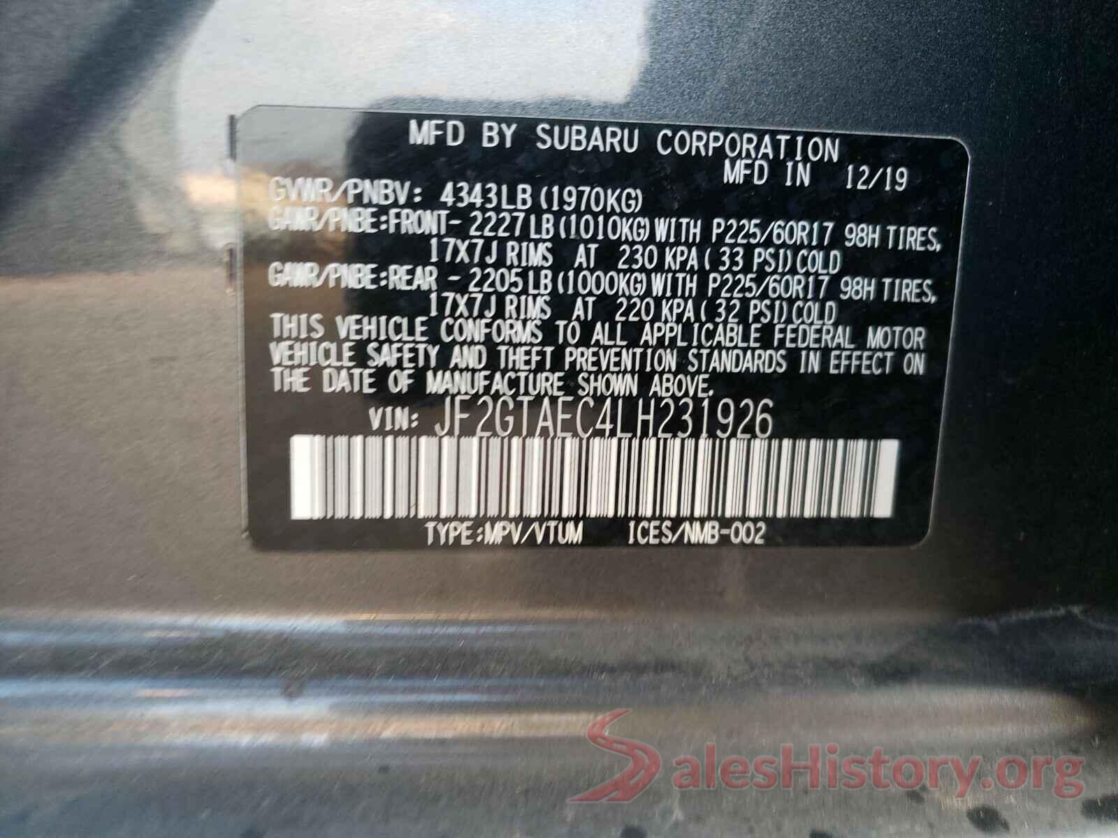 JF2GTAEC4LH231926 2020 SUBARU CROSSTREK