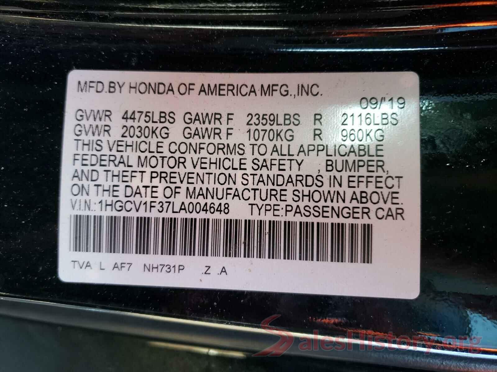 1HGCV1F37LA004648 2020 HONDA ACCORD