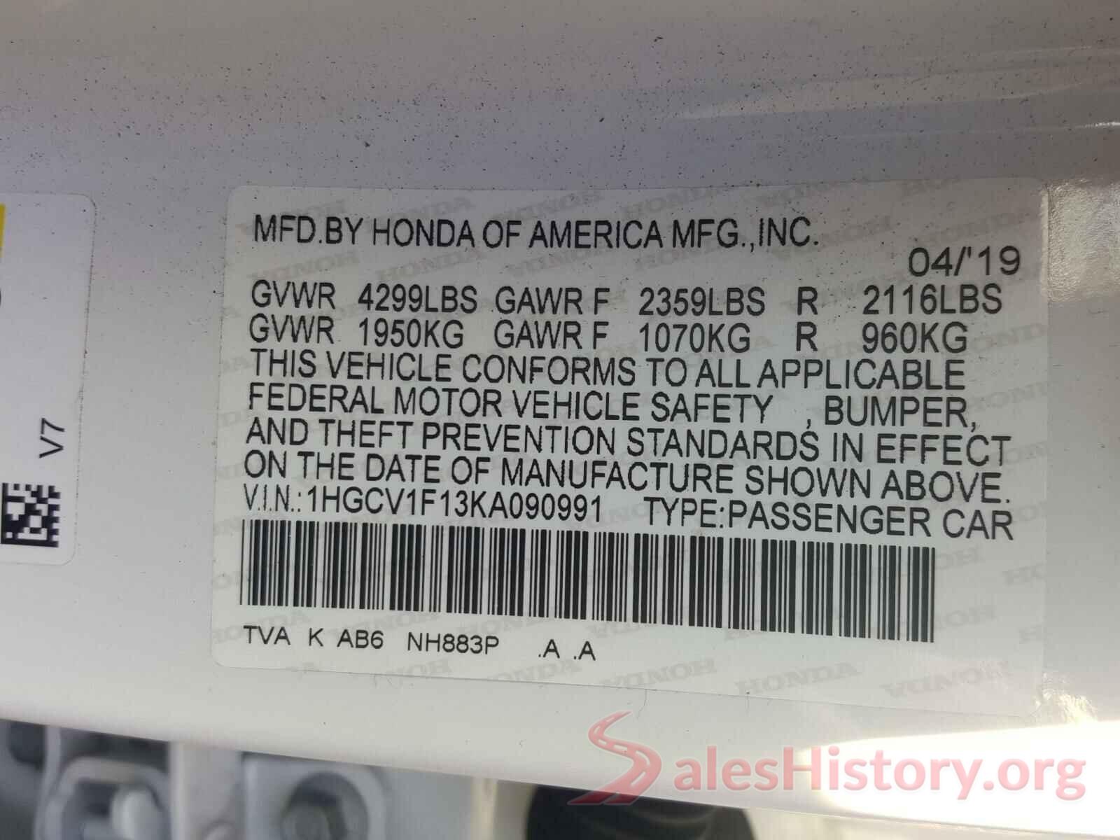 1HGCV1F13KA090991 2019 HONDA ACCORD