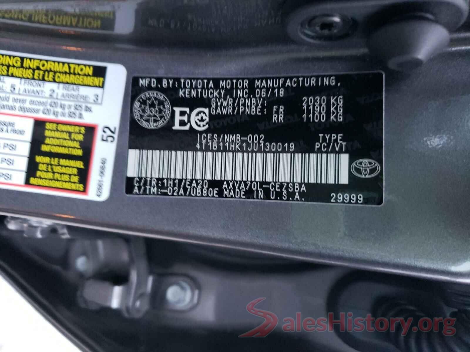 4T1B11HK1JU130019 2018 TOYOTA CAMRY