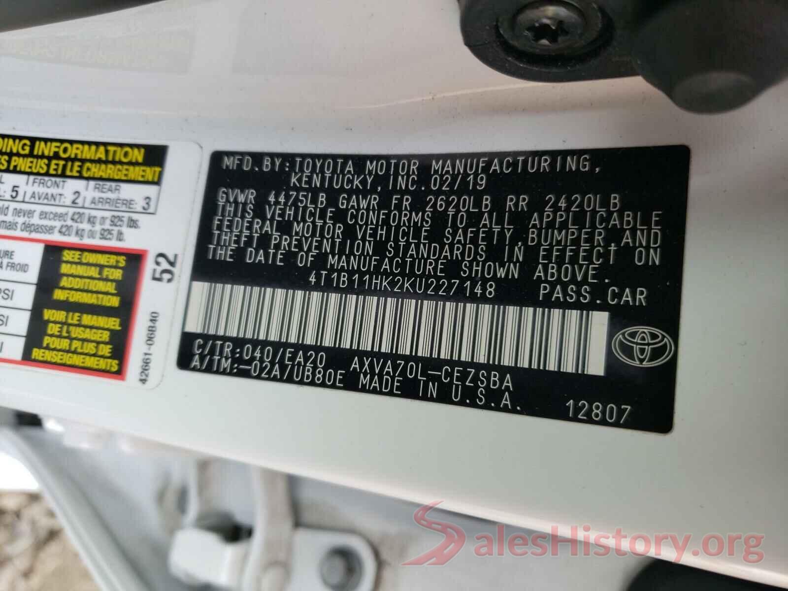 4T1B11HK2KU227148 2019 TOYOTA CAMRY