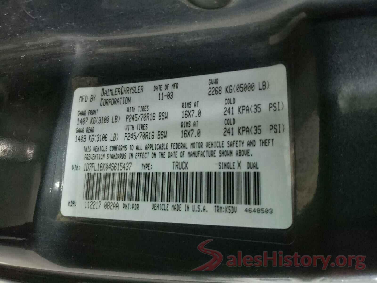 4T1BF1FK0HU376087 2004 DODGE DAKOTA