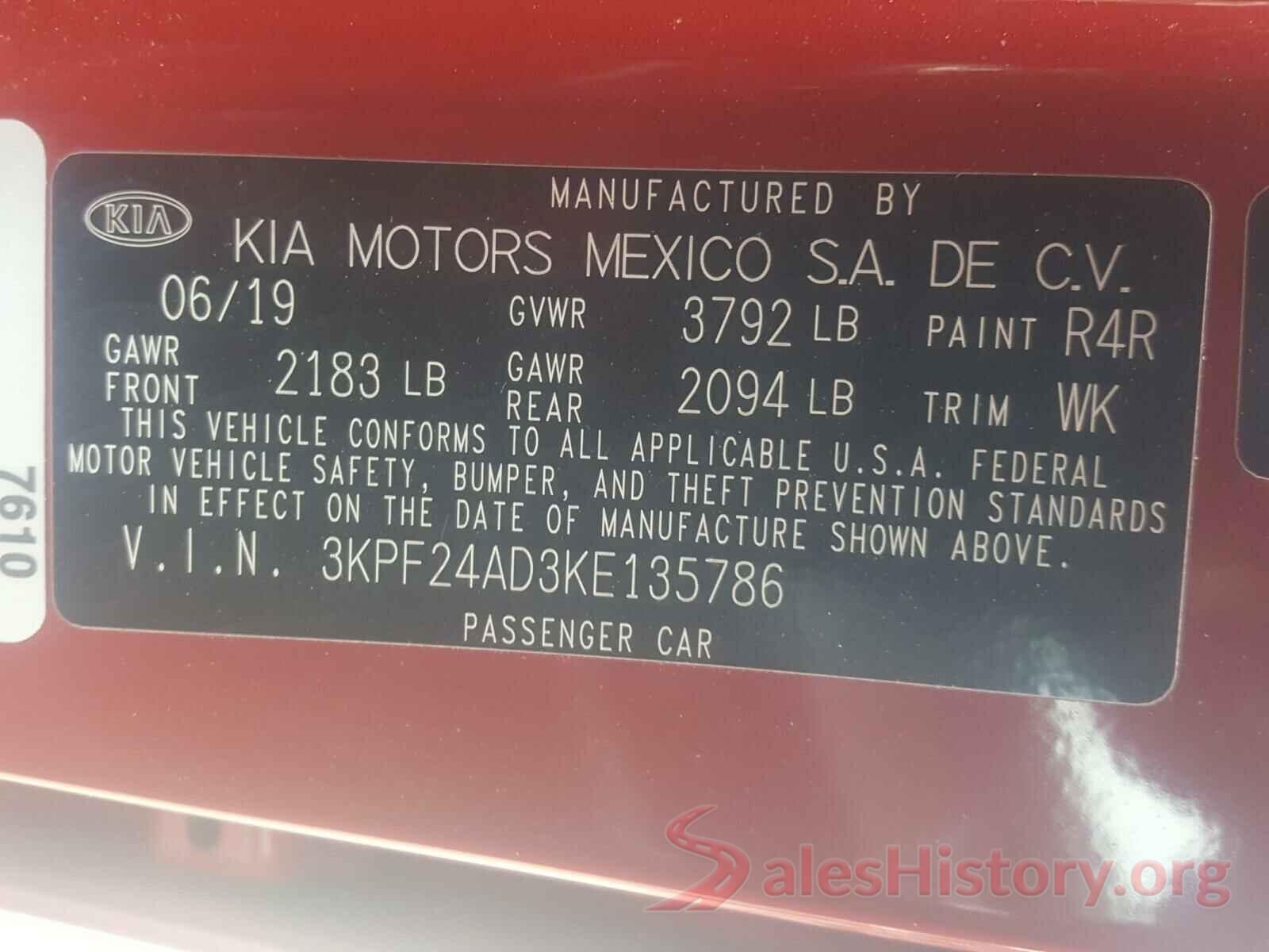 3KPF24AD3KE135786 2019 KIA FORTE