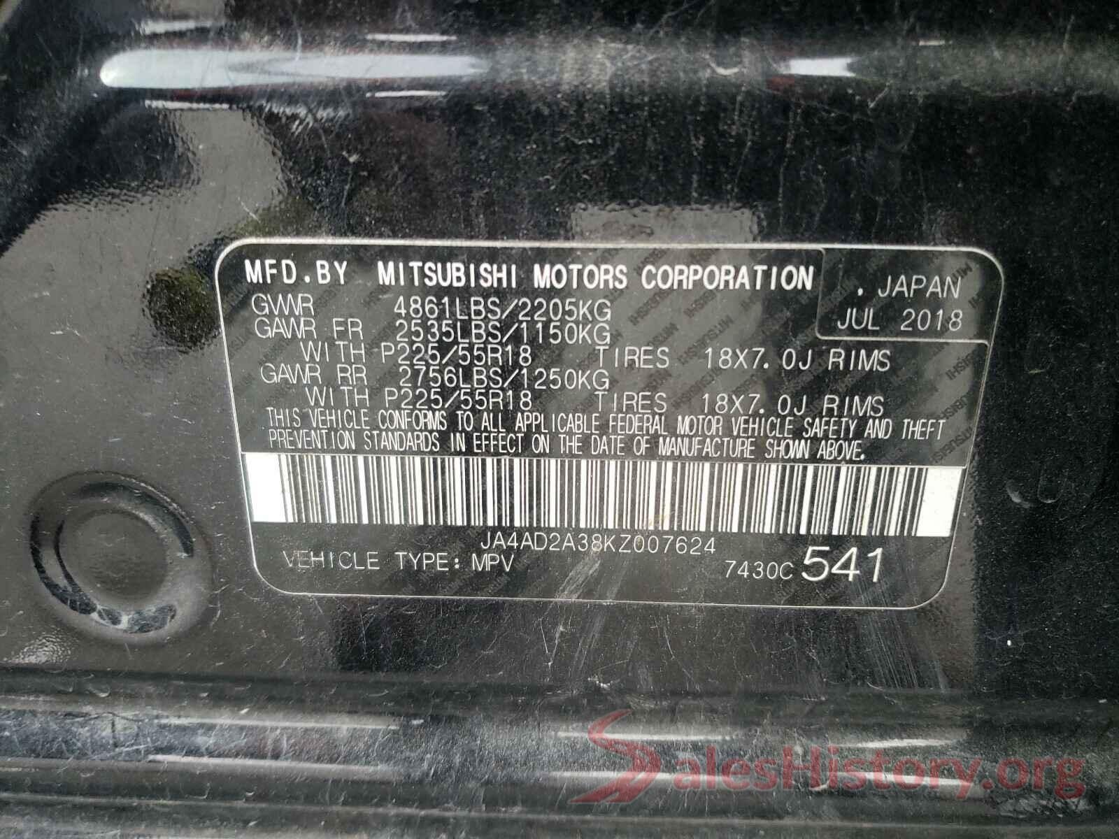 JA4AD2A38KZ007624 2019 MITSUBISHI OUTLANDER