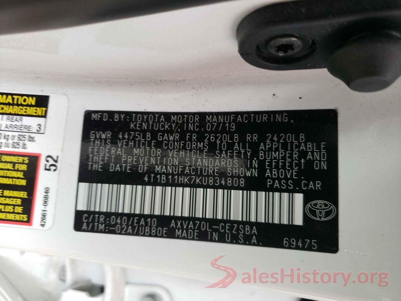 4T1B11HK7KU834808 2019 TOYOTA CAMRY