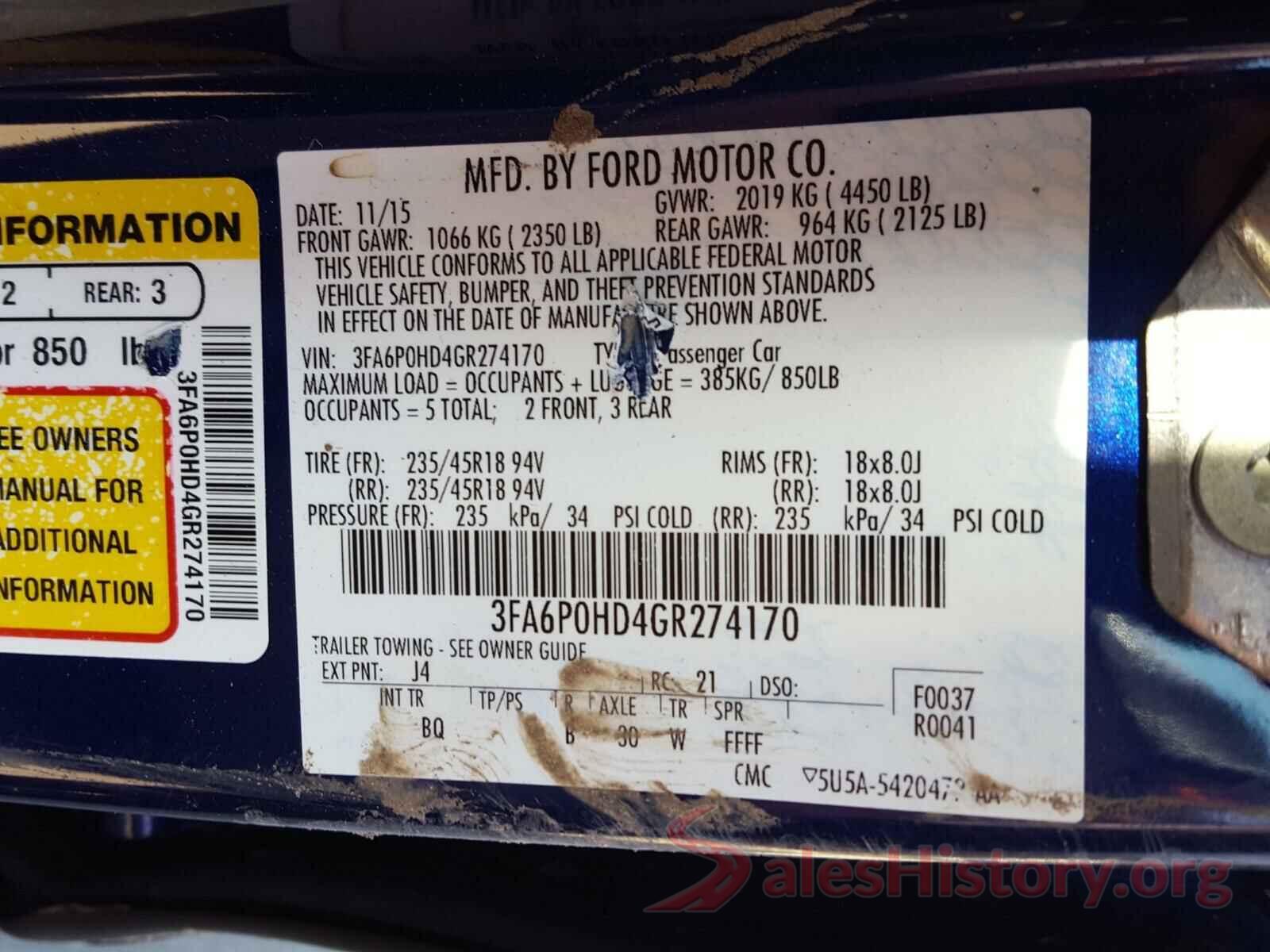 3FA6P0HD4GR274170 2016 FORD FUSION