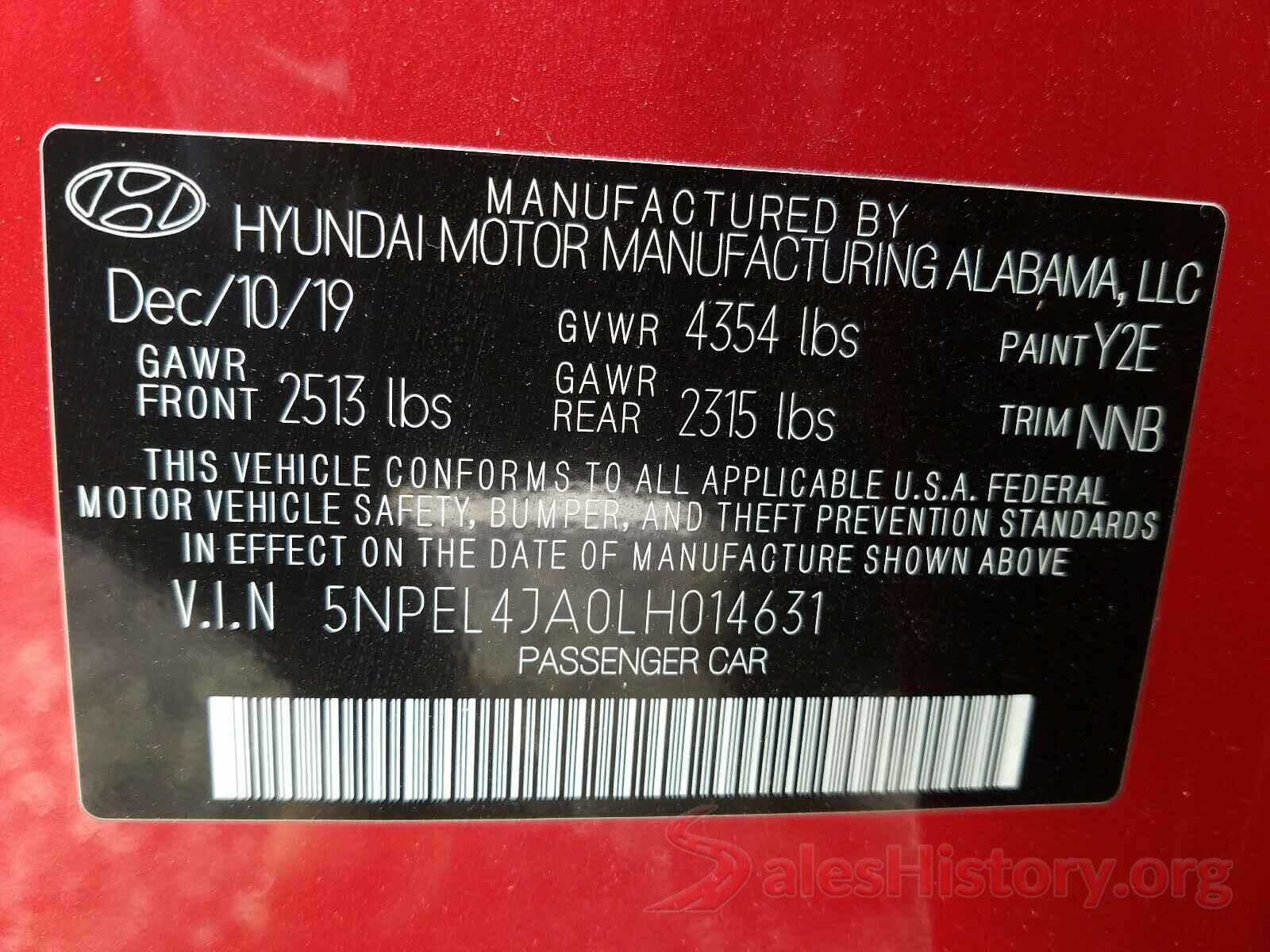 5NPEL4JA0LH014631 2020 HYUNDAI SONATA