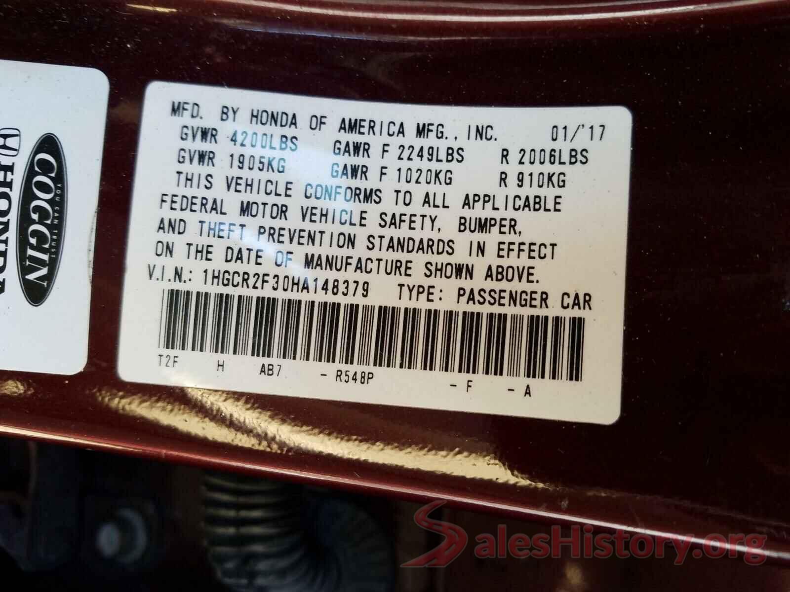 1HGCR2F30HA148379 2017 HONDA ACCORD