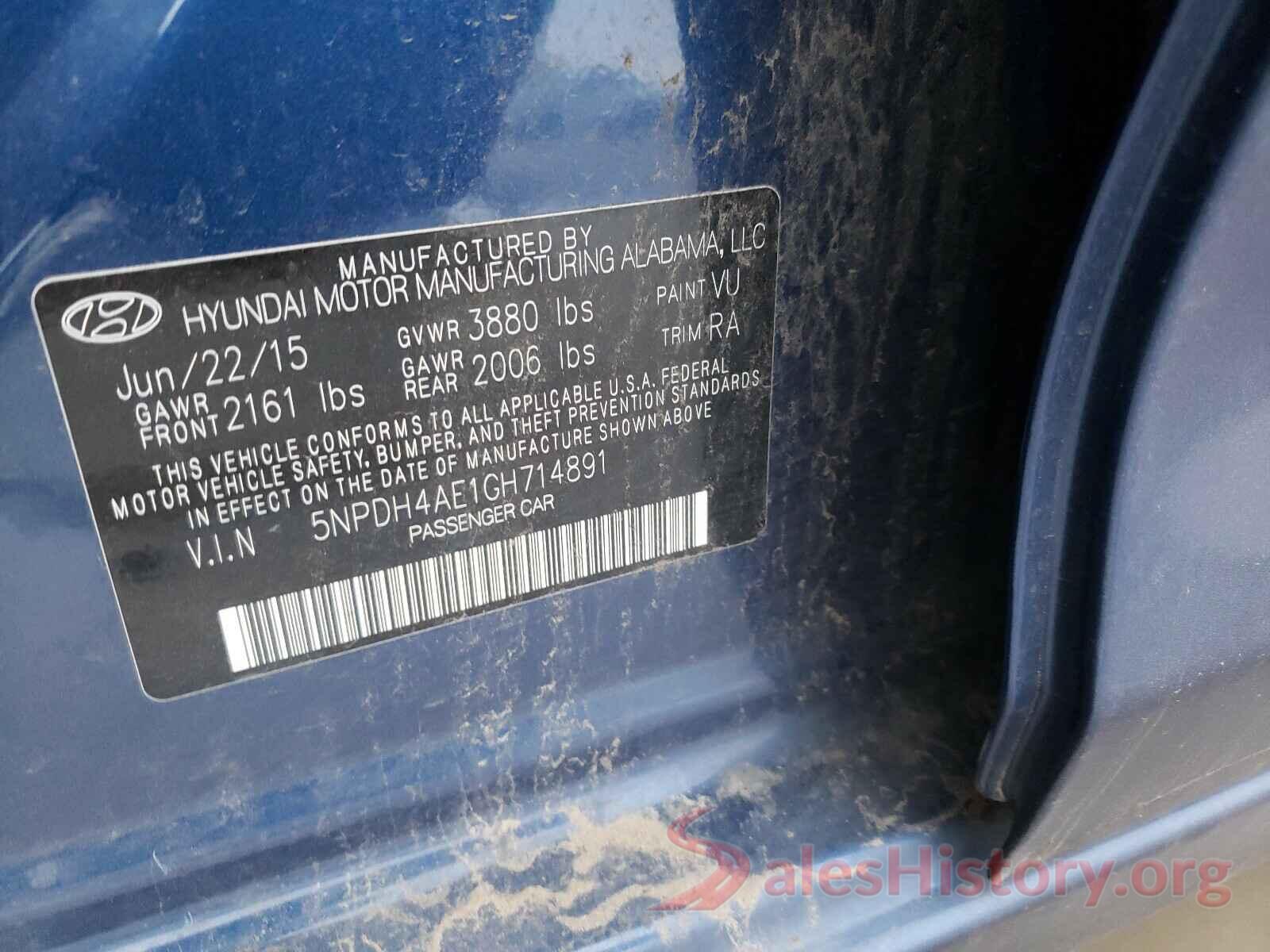 5NPDH4AE1GH714891 2016 HYUNDAI ELANTRA