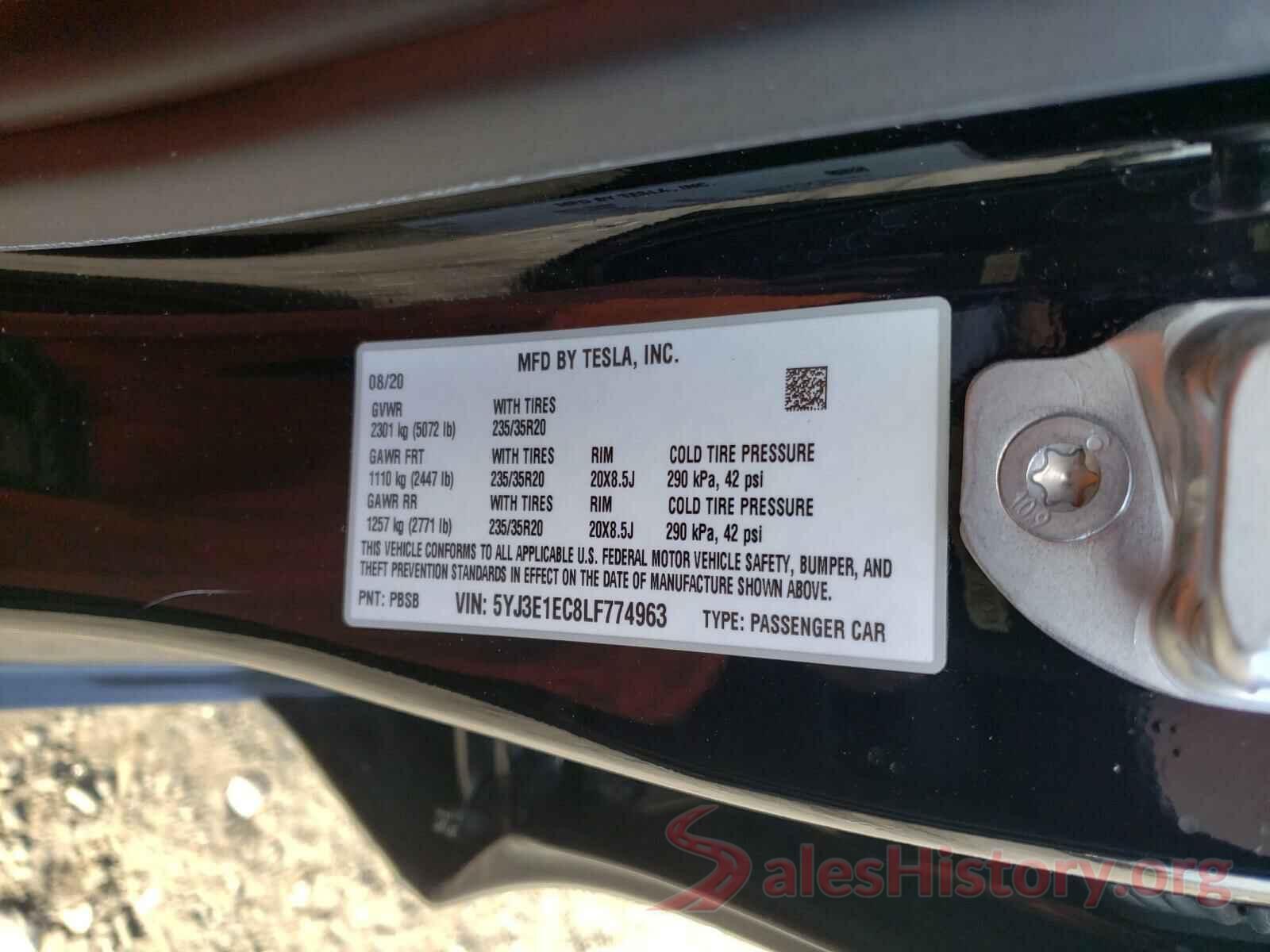 5YJ3E1EC8LF774963 2020 TESLA MODEL 3