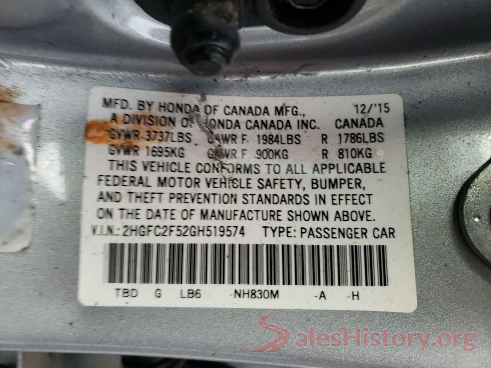 2HGFC2F52GH519574 2016 HONDA CIVIC