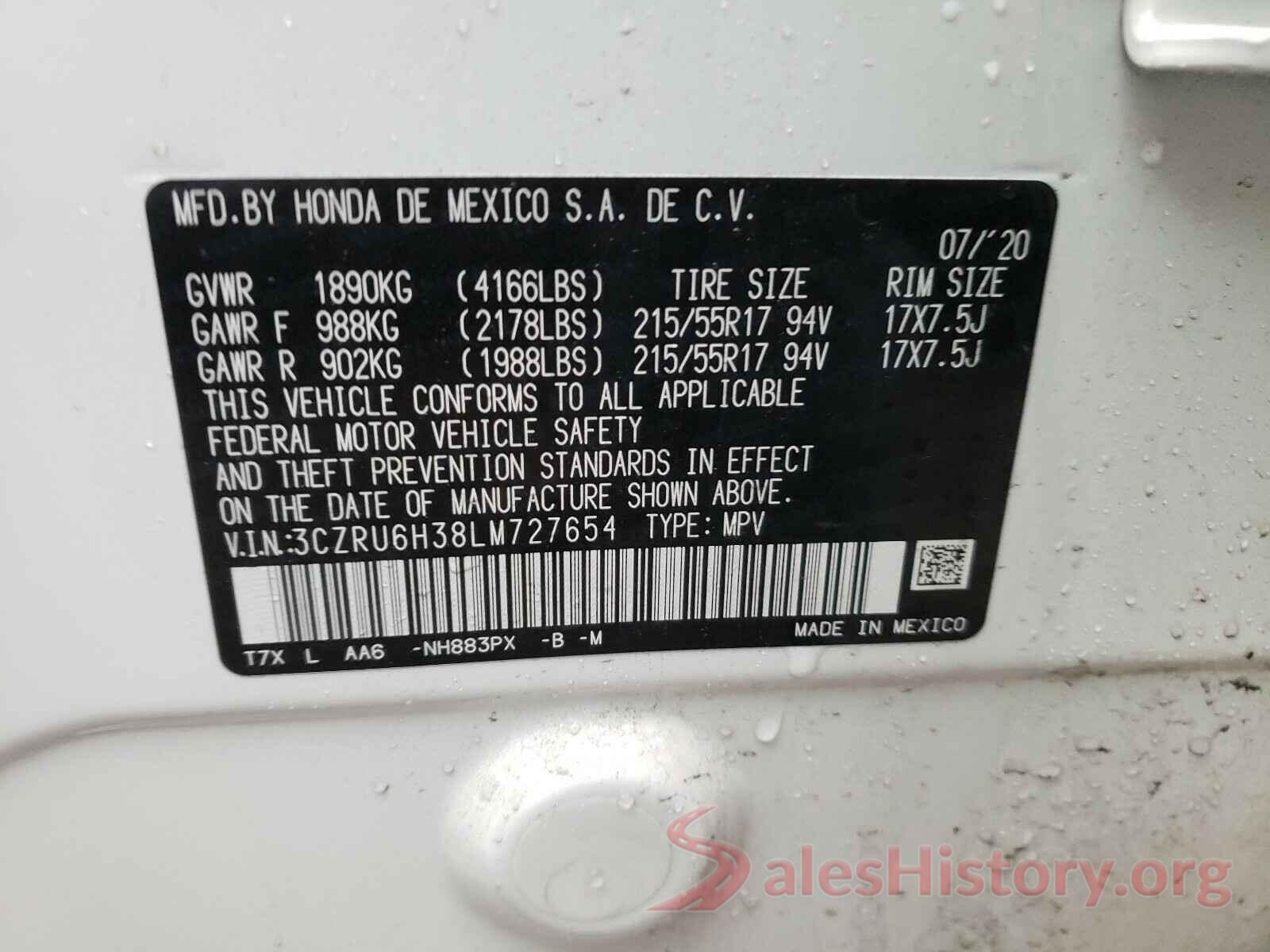 3CZRU6H38LM727654 2020 HONDA HR-V